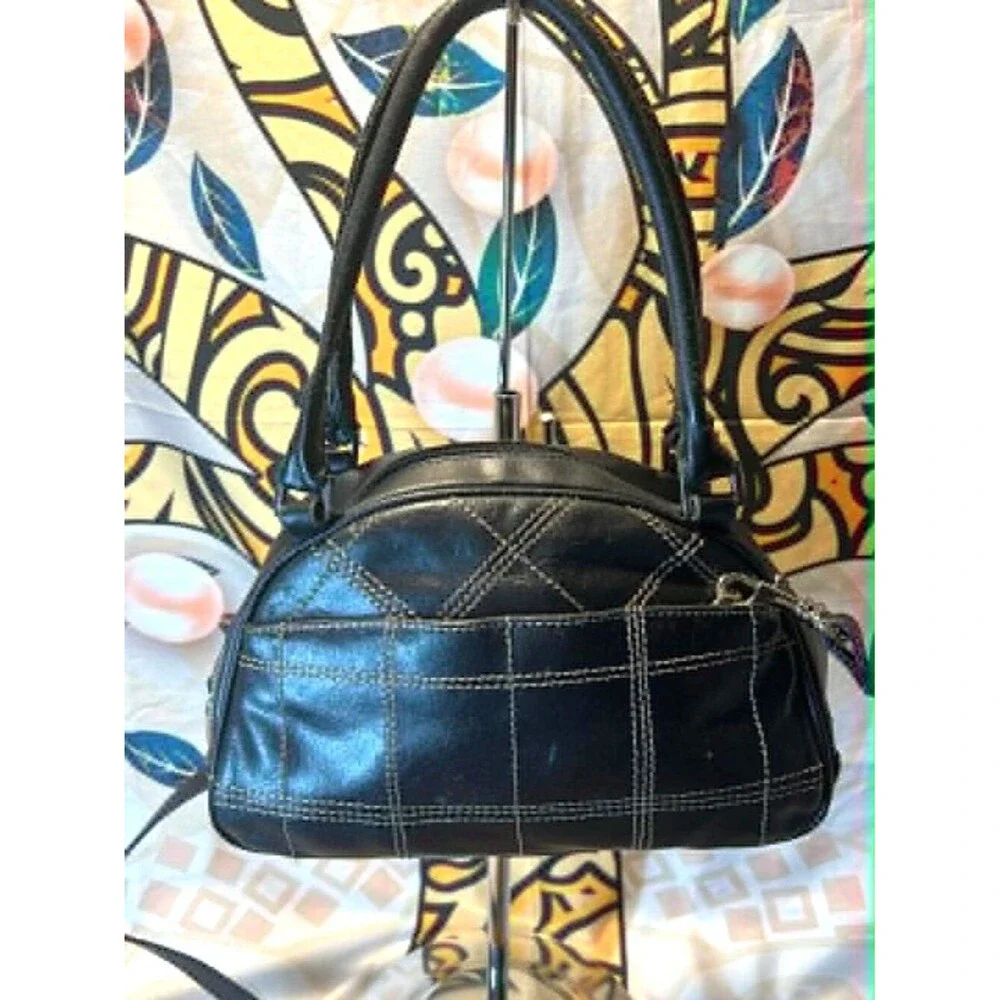 Wilsons Leather Maxima Black Structured Handbag w/ White Stitching & Strap